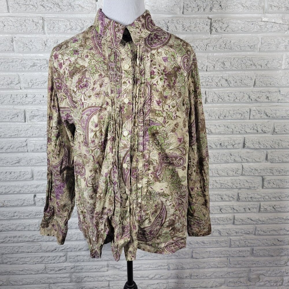 Charter Club Womens Top 20W Plus Long Sleeve Green Paisley Floral Cotton FLO177E